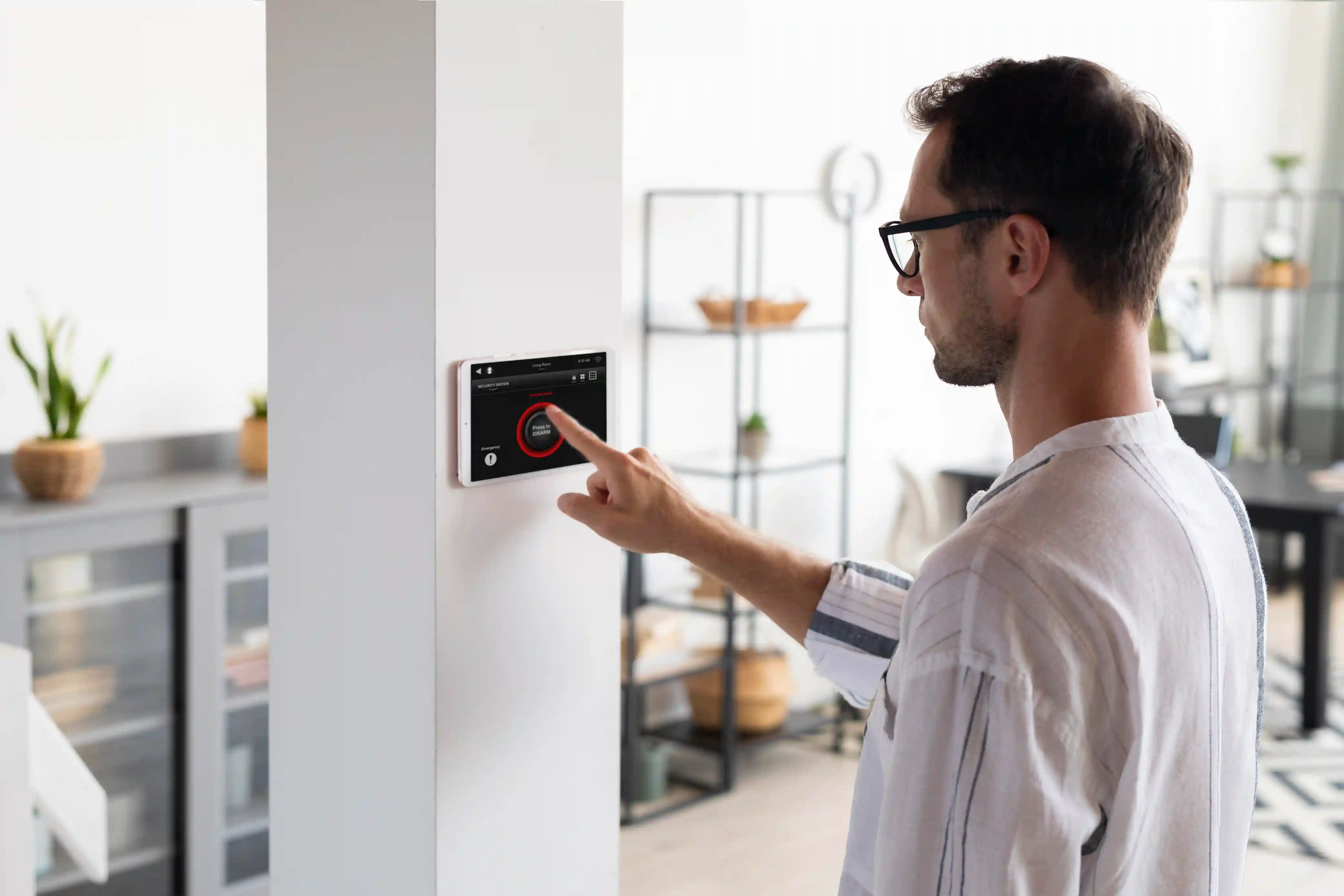 Modern living room with smart thermostat on the wall